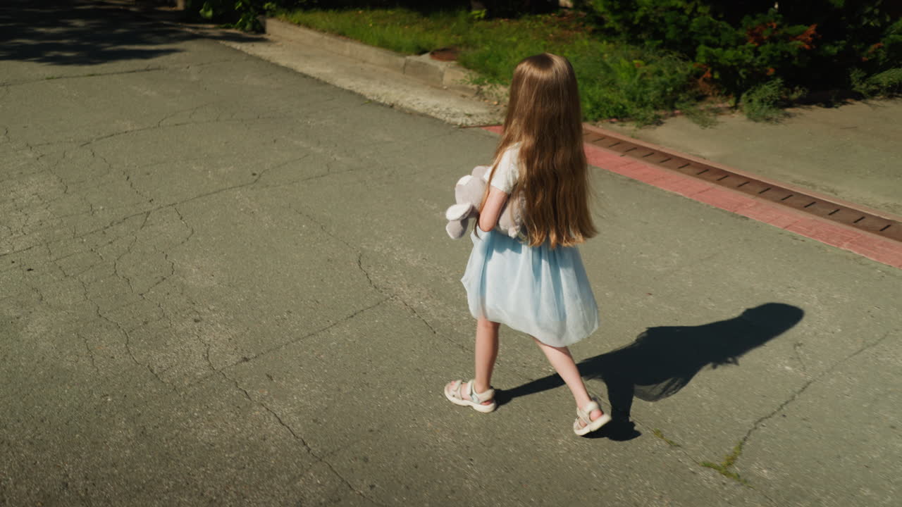 Back view of lonely young girl walking on cracked pavement while holding stuffed animal in hand as utility pole shadow stretches across ground under sunlight near suburban driveway and green patch