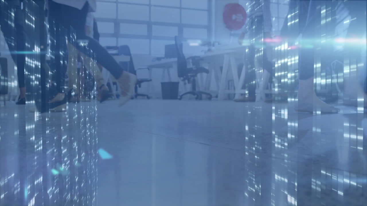Walking in office, person with digital skyscraper animation overlay visible