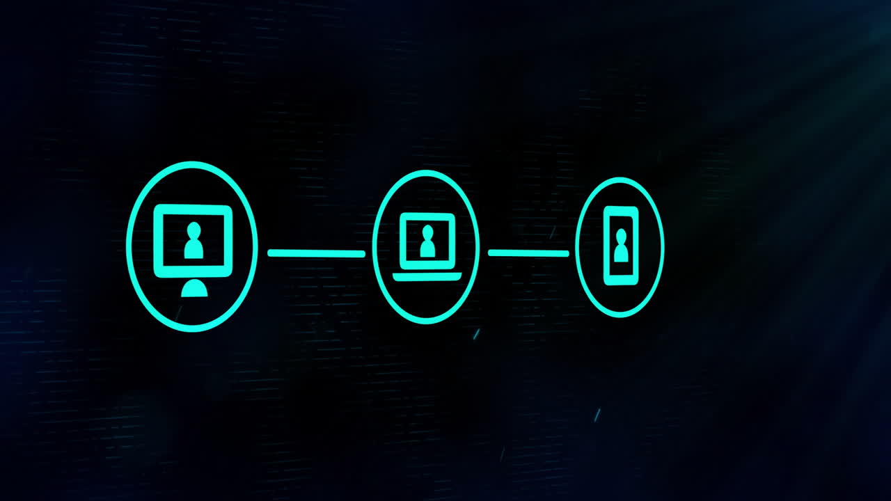 Animation of network of connections with digital icons over black background