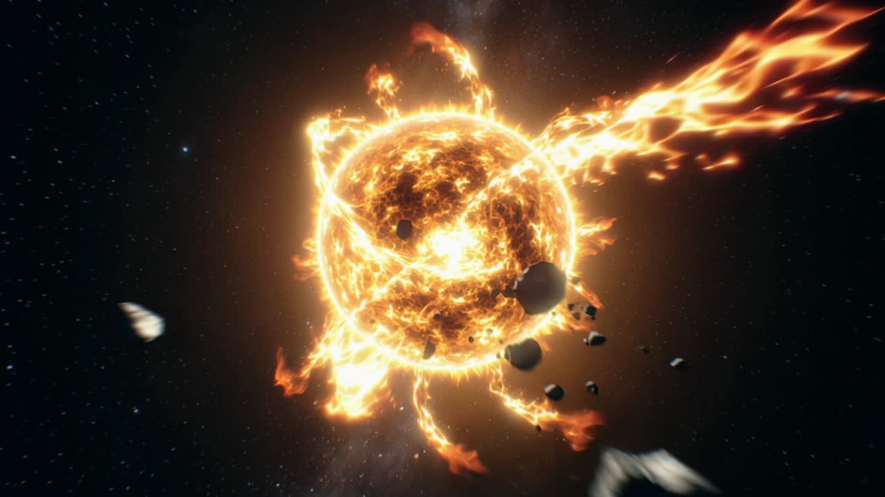 Evento Cosmico con Pianeti e una Stella Fiammeggiante