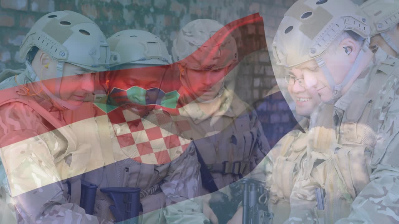 Five soldiers spreading map pointing routes holding gun planning mission under flag overlay growing