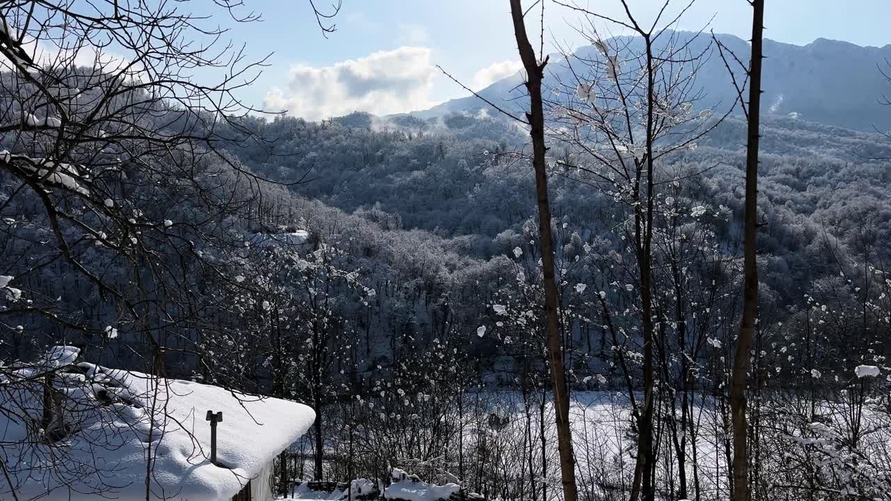 winter snow and sun light on hills mountain forest iran nature landscape view of alpine arctic cabin in chilly countryside dawn winter time season frozen glowing ice in rural snowfall wilderness
