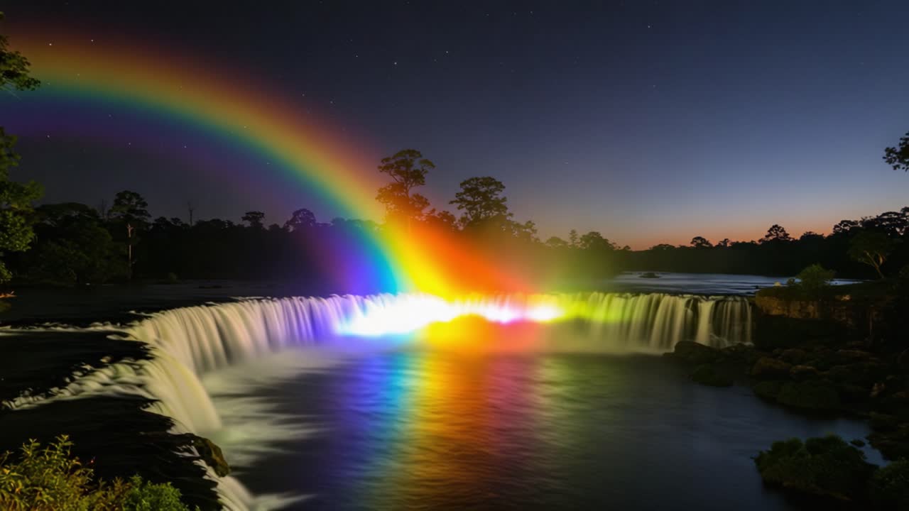 A Mesmerizing Display of Nature: Waterfalls Enhanced by a Vibrant Rainbow Illuminating the Evening Sky with a Spectrum of Colors Across the Tranquil Water