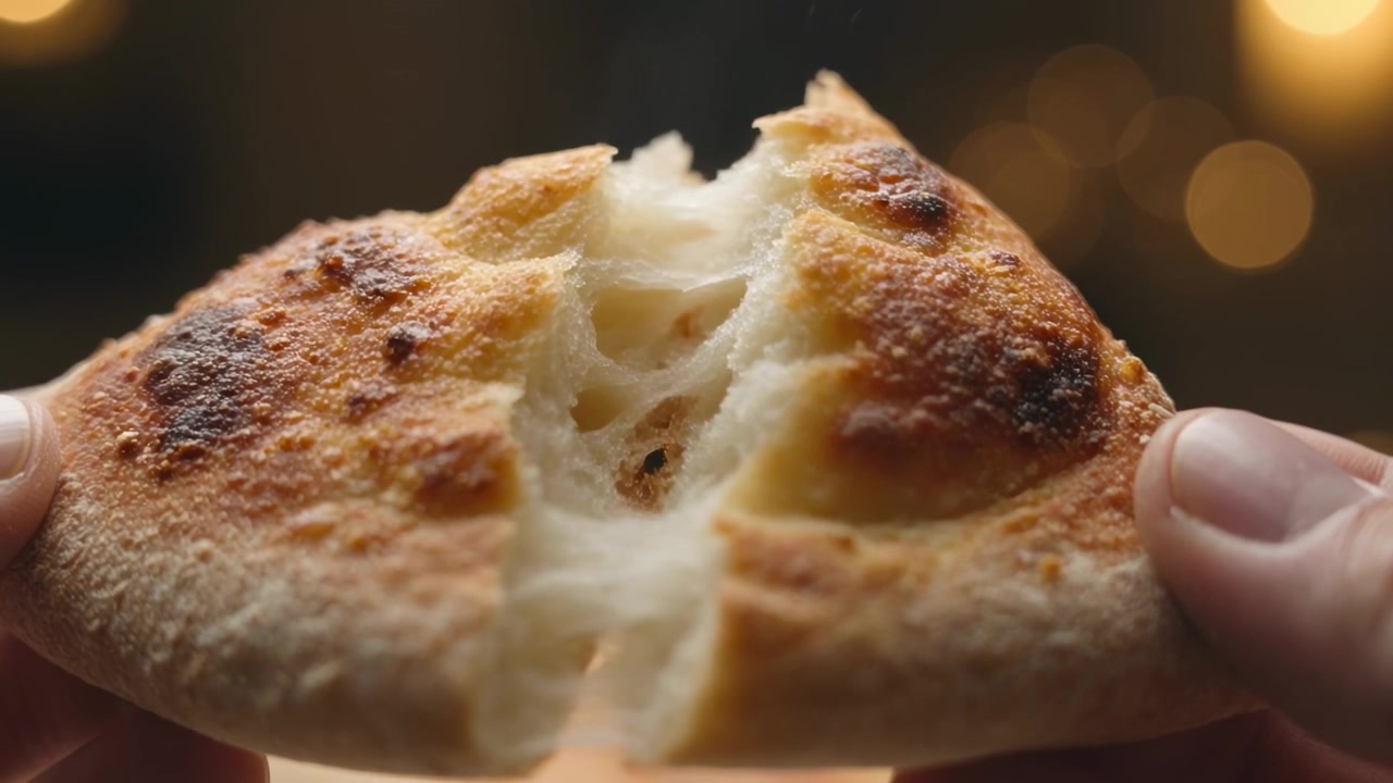 Mani che afferrano tirano una piccola pizzetta rotonda in cucina, rivelando fili di formaggio fuso.