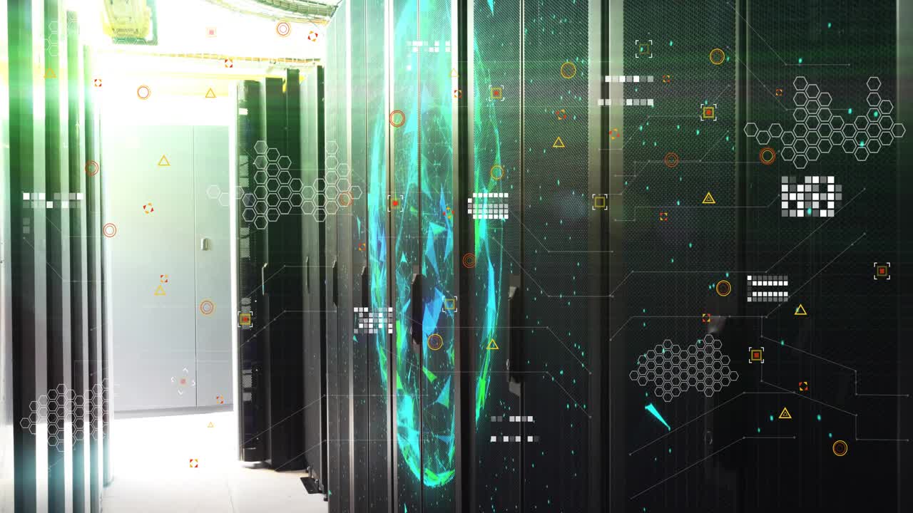 Upon data icons appearing over server racks, globe emerging, UI rippling visualizing data activity