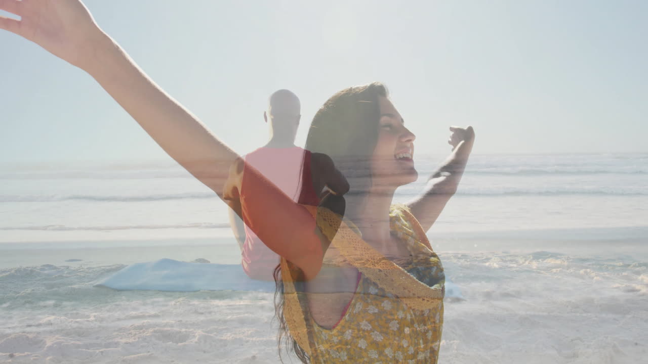 Stretching arms joyfully, woman meditating on serene beach in peaceful animation
