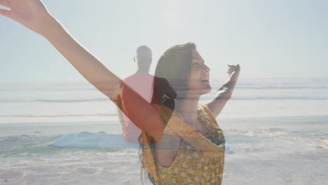 stretching arms joyfully, woman meditating on serene beach in peaceful animation