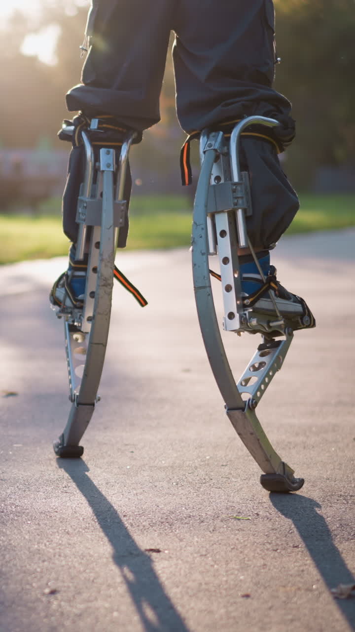 Person walking on spring stilts along paved path in sunny park ...