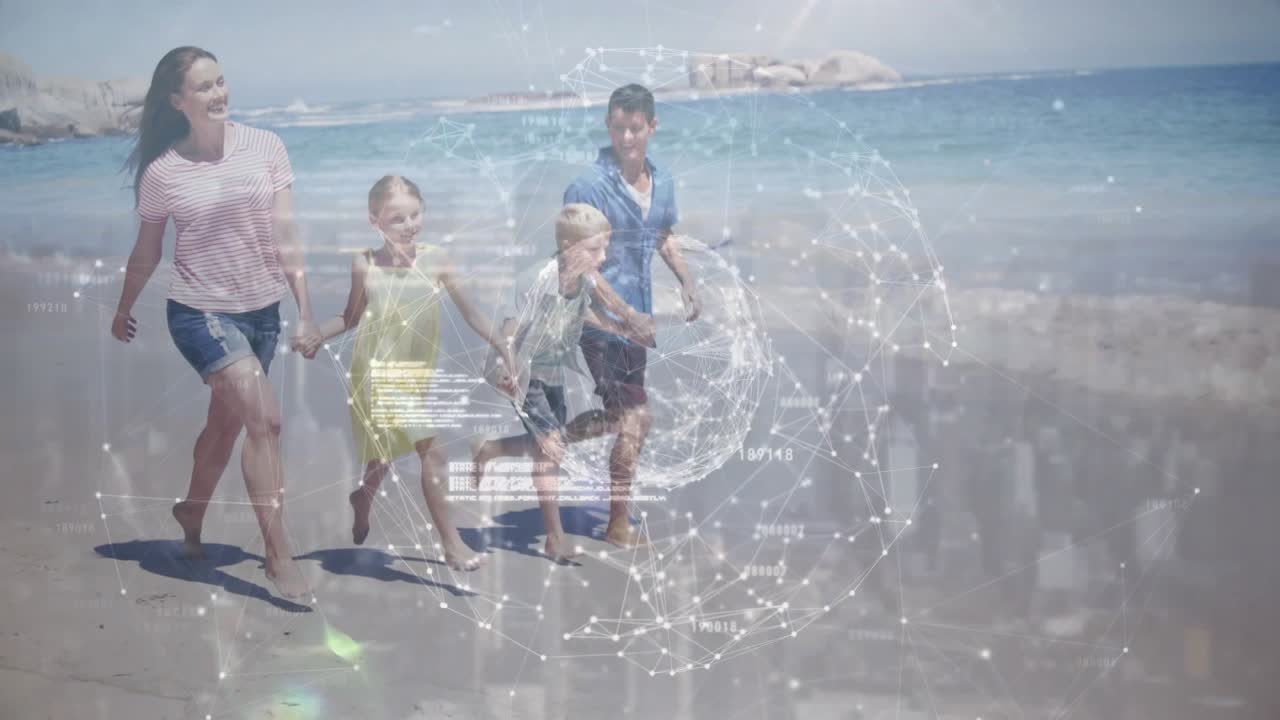 Family of four stepping onto wet sand and activating clear globe overlay pulsing with network data