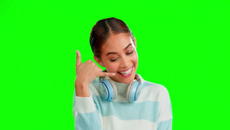 Cool,-green-screen-and-woman-doing-call-me