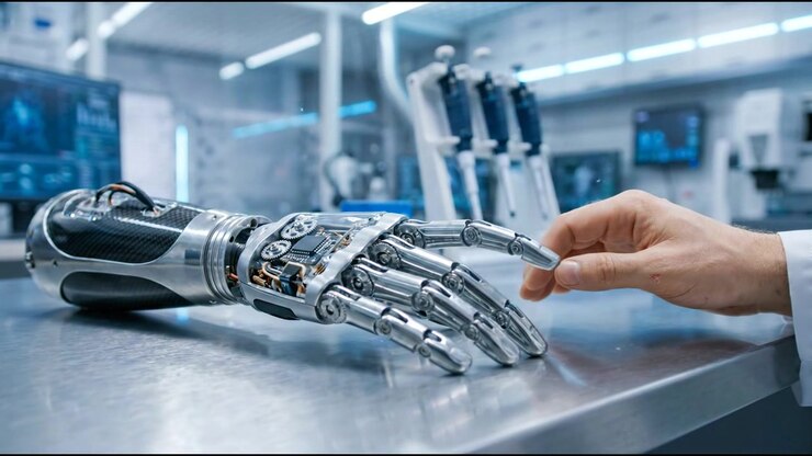 Scientist Testing Advanced Robotic Prosthetic Hand in Laboratory