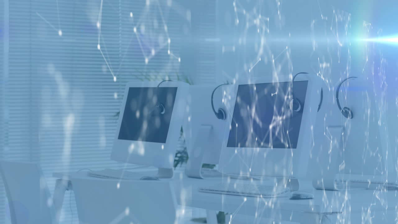 파란색 배경에 빈 사무실에서 컴퓨터를 통해 연결된 네트워크의 애니메이션