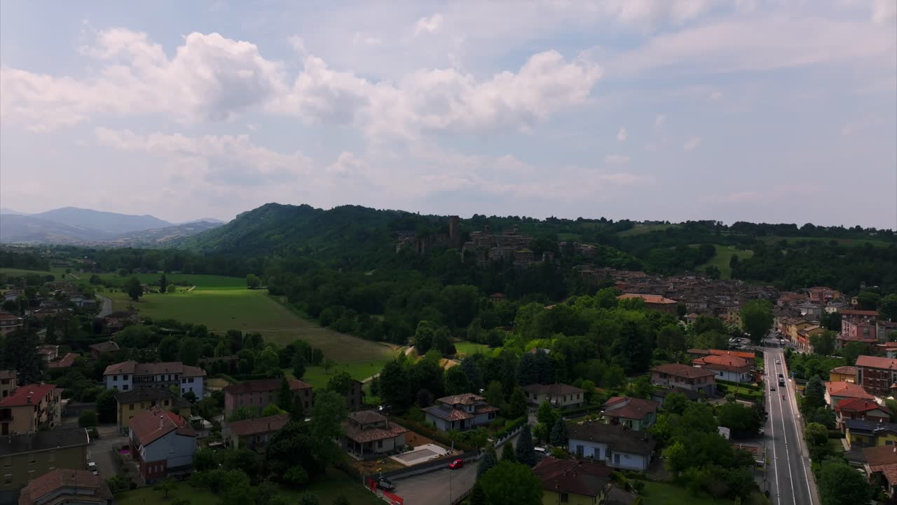 Castell'Arquato, Italy. Aerial drone, copy space