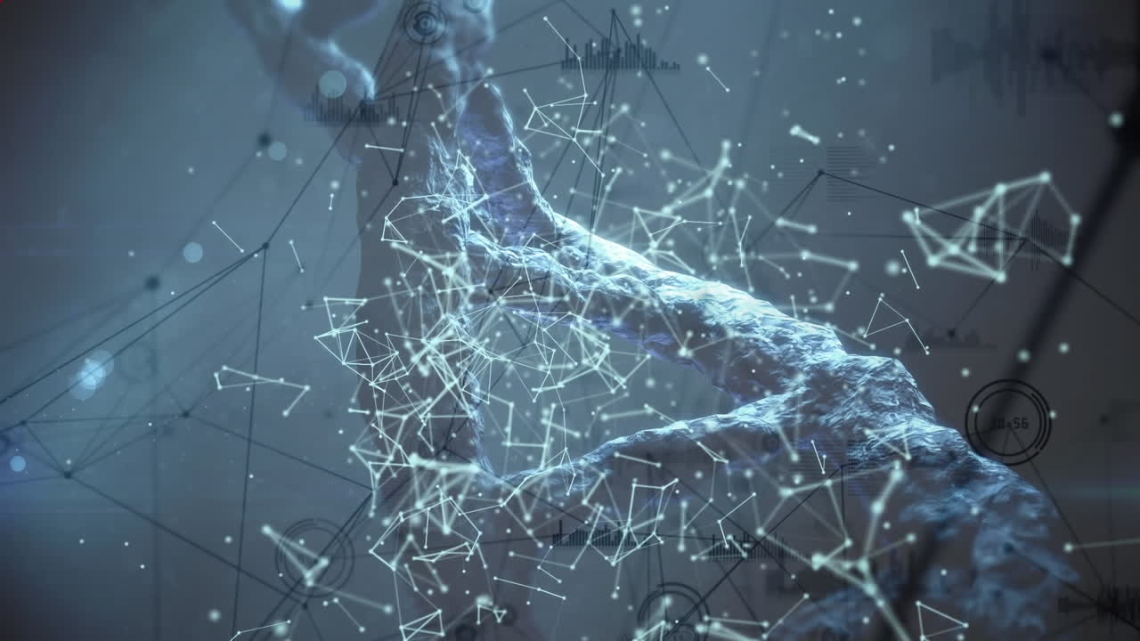 animación de la red de conexiones sobre una cadena de adn giratoria en un fondo oscuro