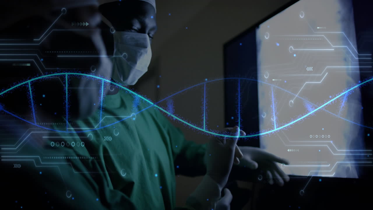 animación de la cadena de adn sobre diversos cirujanos en el hospital