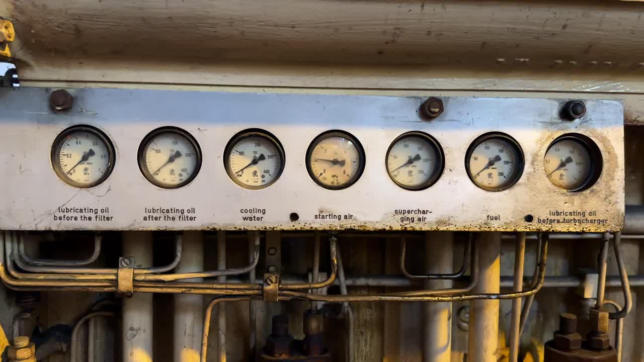 Row of pressure gauge in a factory machine. Pressure gauge on the old generator machine.