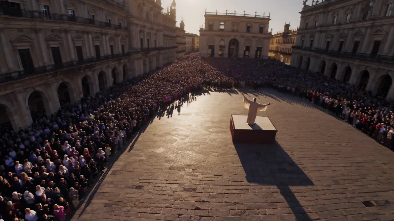 Un'inquadratura grandangolare cattura una scena drammatica di una persona su una piattaforma in una piazza storica