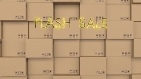 Neongelbes-Flash-Sale-Textbanner-Vor-Einem-Stapel-Lieferkartons-Im-Hintergrund