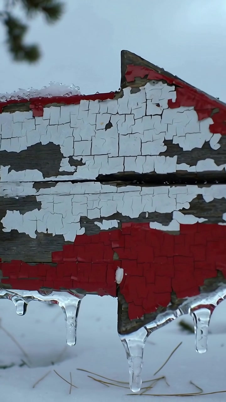 Vertical video: Camera panning across wooden arrow sign in snow, showing peeling paint and icicles