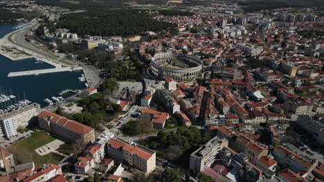 Aerial-Pula-Arena,-Croatia,-Europe-Ancient-Roman-Amphitheater