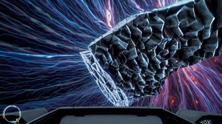 Spaceship Cockpit View of an Asteroid Entering a Portal