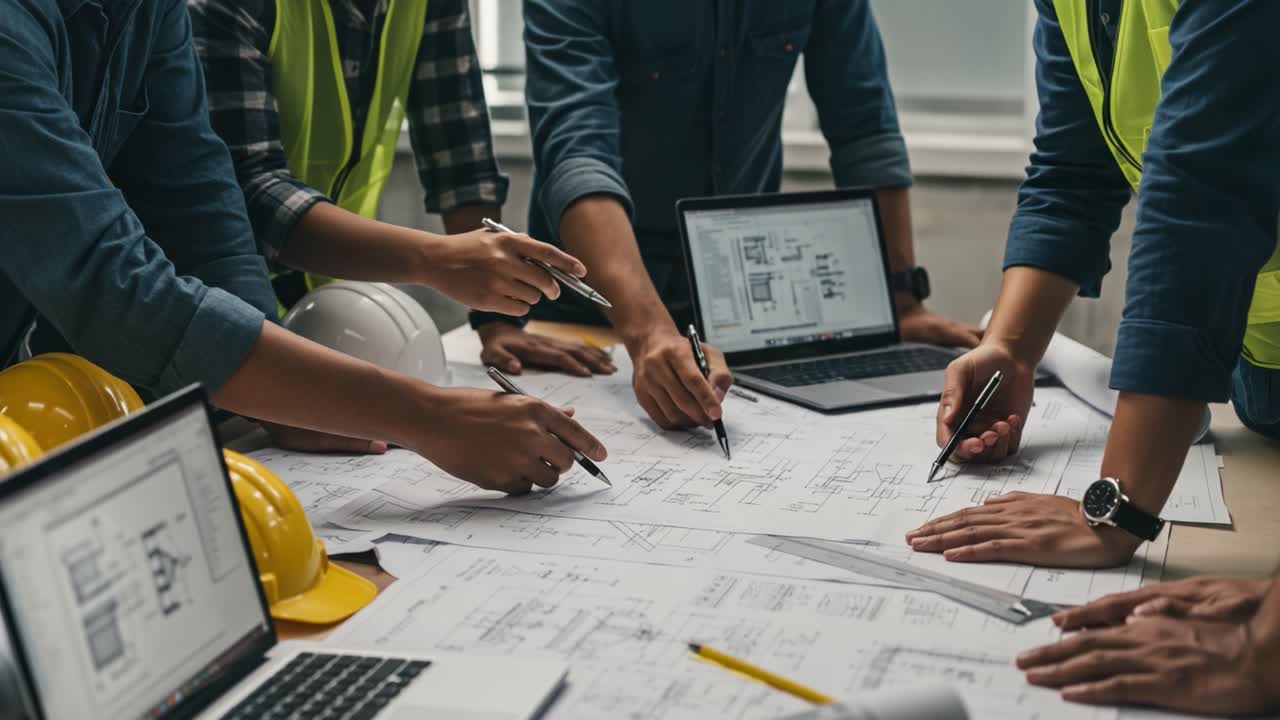 Collaborative Construction Planning: A Team Strategizes Over Architectural Drawings and Engineering Designs in a Busy Project Meeting Environment