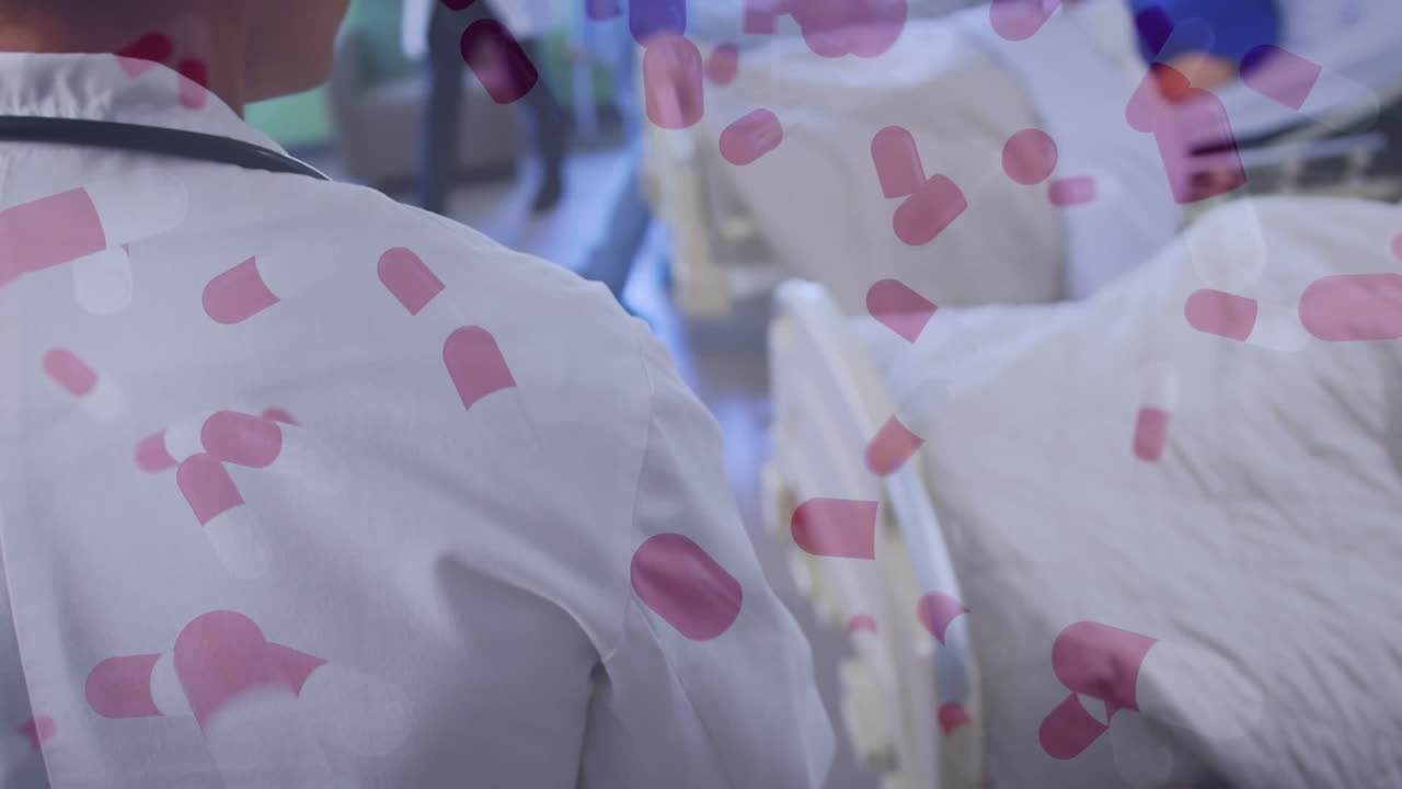 환자가 있는 병원 침대  ⁇ 을 걸어다니는 의사의 애니메이션과 코로나19의 확산.