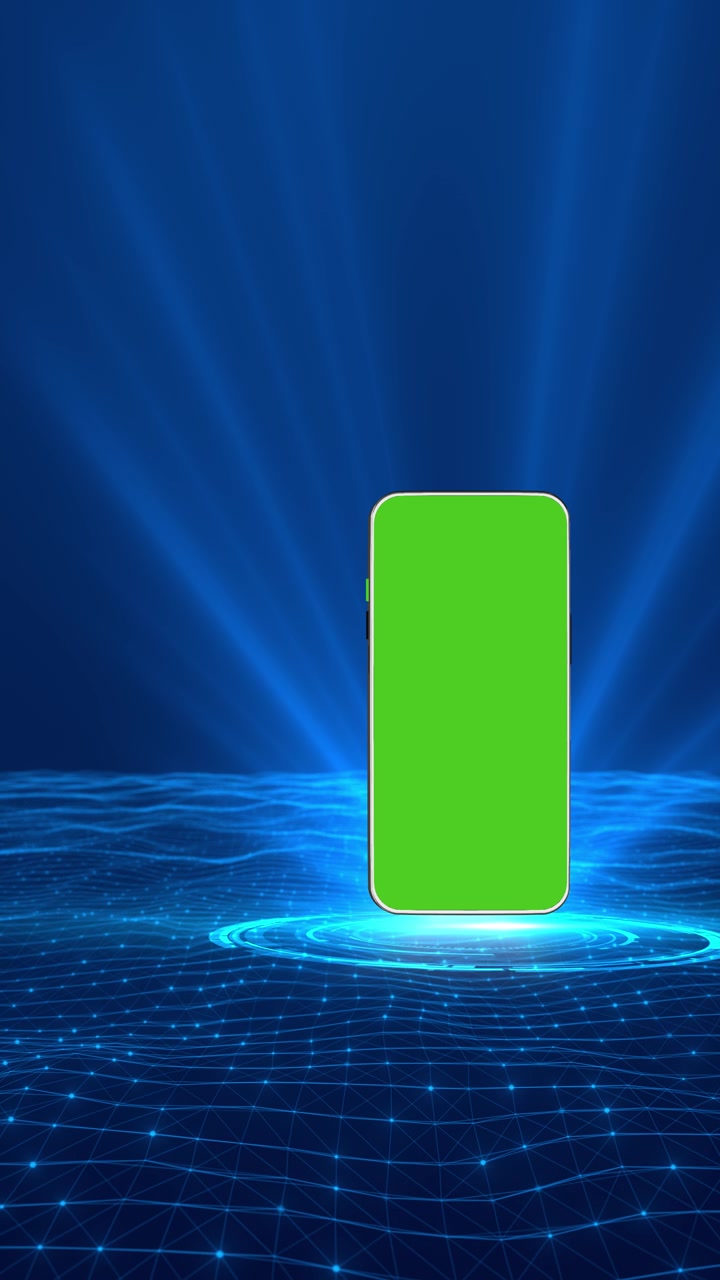 Sfondo tecnologico con schermo verde del telefono, piattaforma luminosa blu, pavimento a rete e onde digitali.