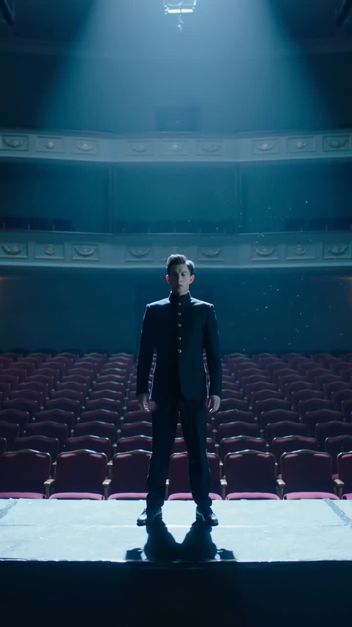 Vertical video: Spotlight hitting, male actor in dark jacket holding pose on stage, awaiting cue
