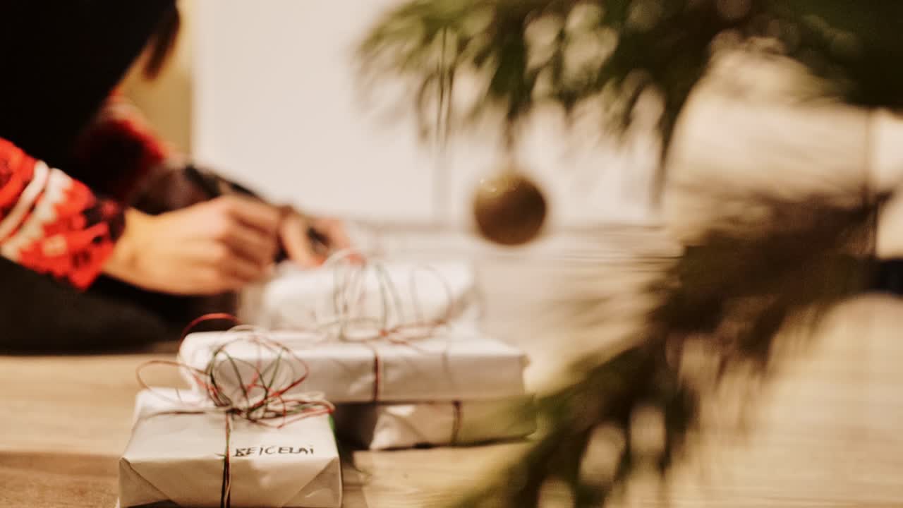 Festive ornament fades to woman writing child’s name on wrapped holiday gift