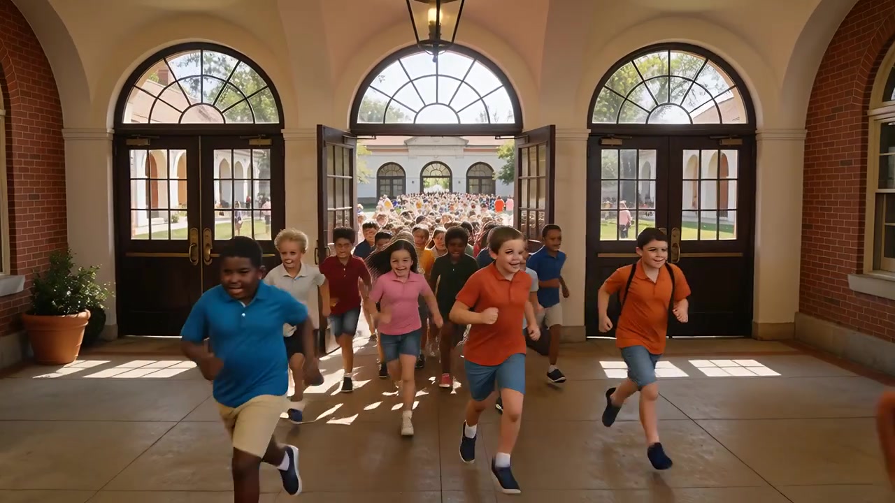 Bambini delle elementari in magliette che corrono attraverso le doppie porte dopo che la campanella è suonata, con gli zaini.