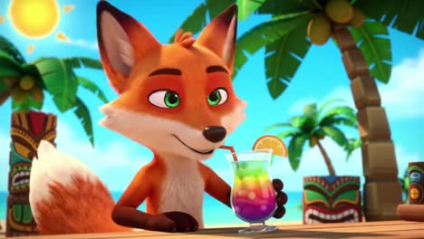 a cheerful animated fox enjoying a colorful drink under a tropical sun, surrounded by palm trees and vibrant tiki decorations, embracing a beach vacation mood
