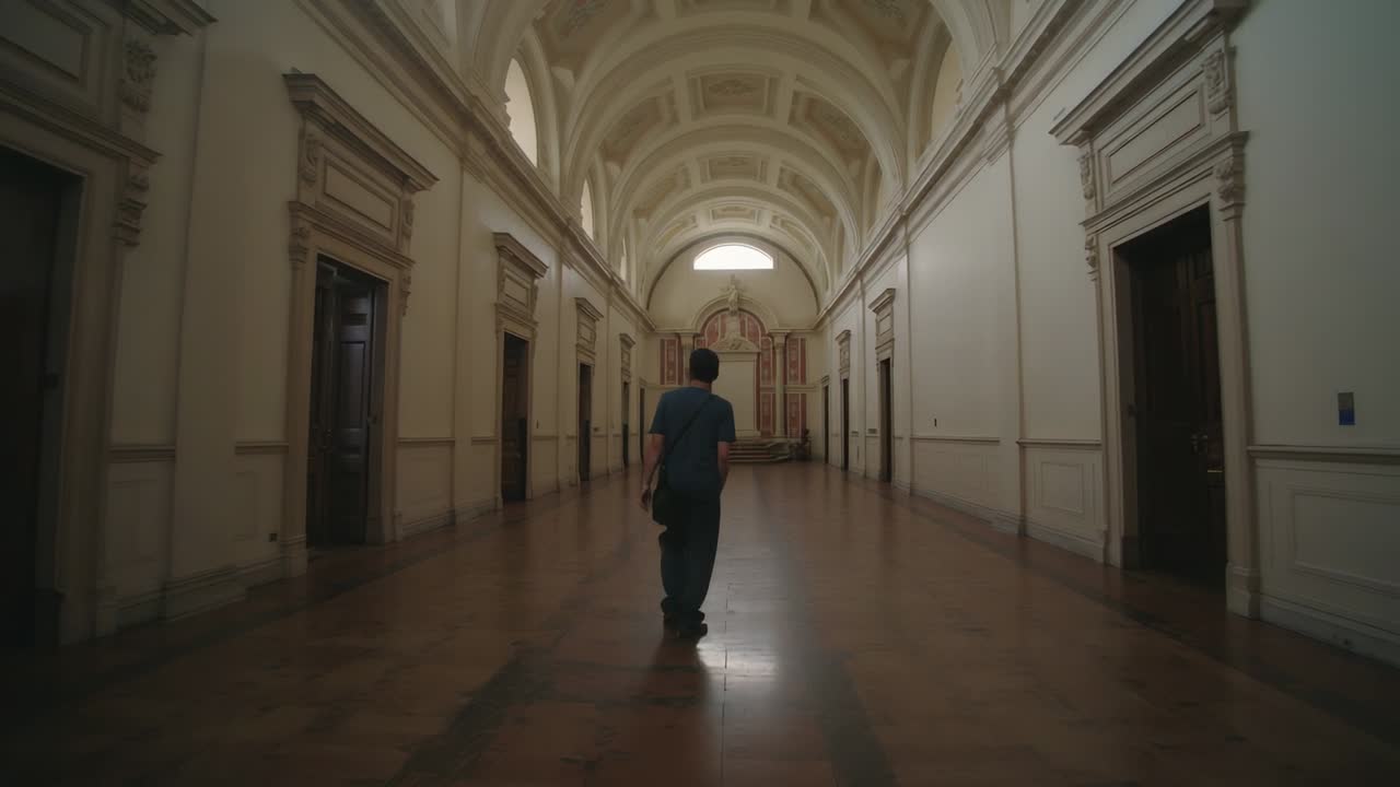 Uomo adulto che entra in un corridoio e cammina con una borsa a tracolla, si dirige verso l'arco nella galleria del museo