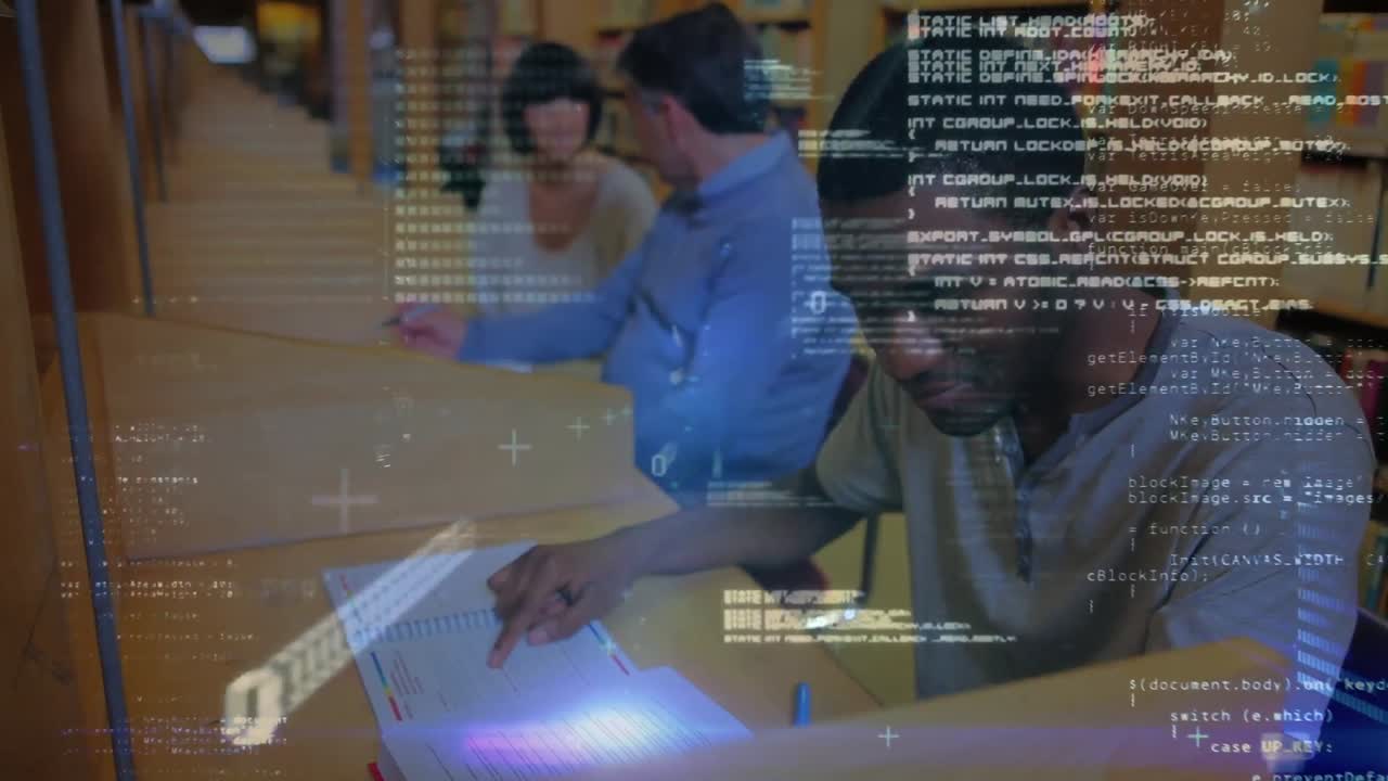 도서관에서 공부하는 행복한 아프리카계 미국인 남성 학생에 대한 데이터 처리 애니메이션