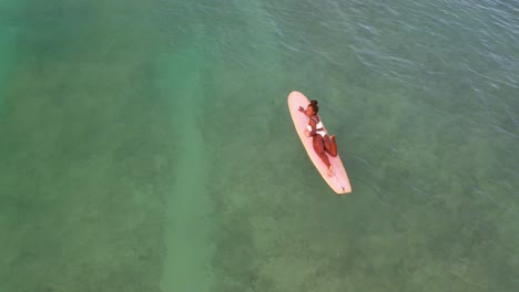 female surfer paddles across shallow reef waters in hawaii captured from a top-down drone view. the crystal-clear water reflects sunlight, showcasing serene island vibes and nature's beauty