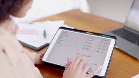 Hands,-tablet-and-woman-on-screen-with-numbers