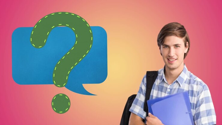 Animation of speech bubble with question mark over caucasian male student