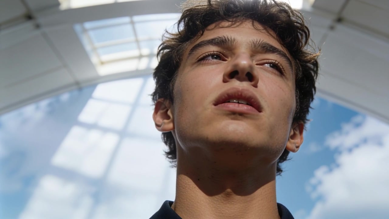 Man reacting to frames, lifting chin and shifting gaze under arched skylight wearing dark shirt