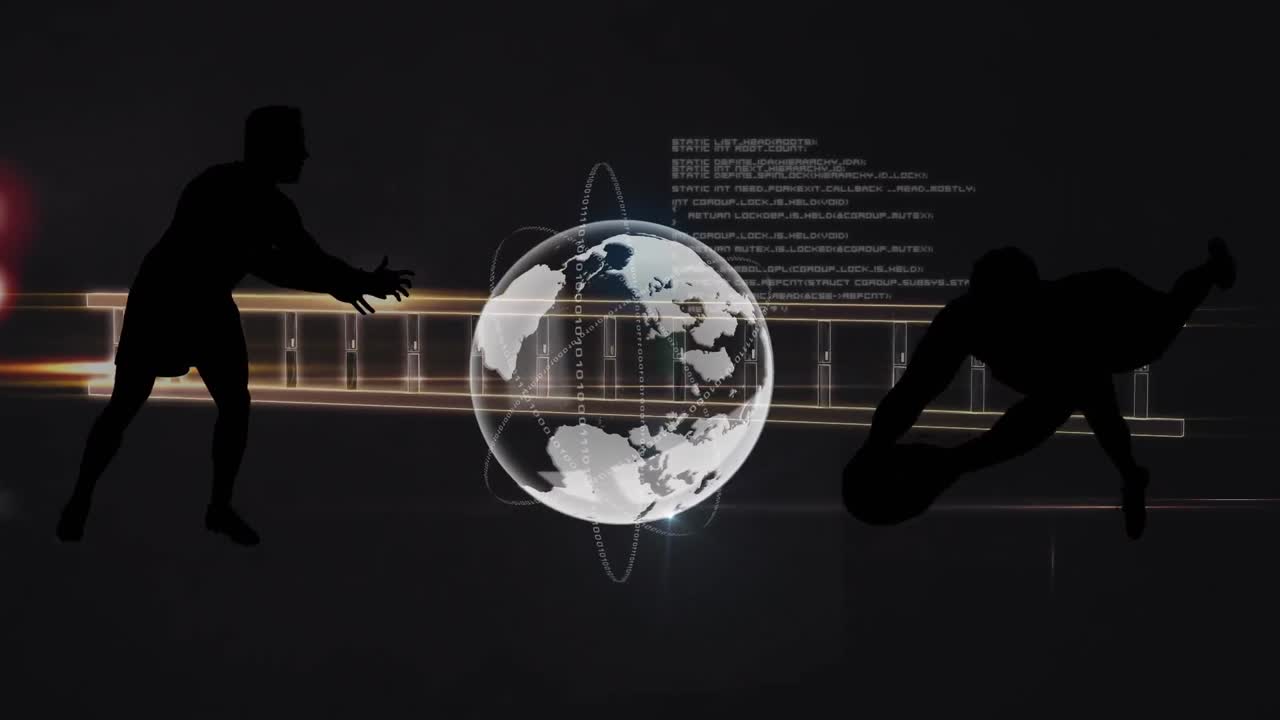 Animation of data processing with globe and rugby players over black background