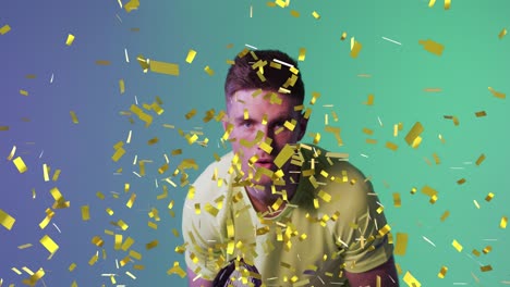 animation of caucasian male tennis player over confetti
