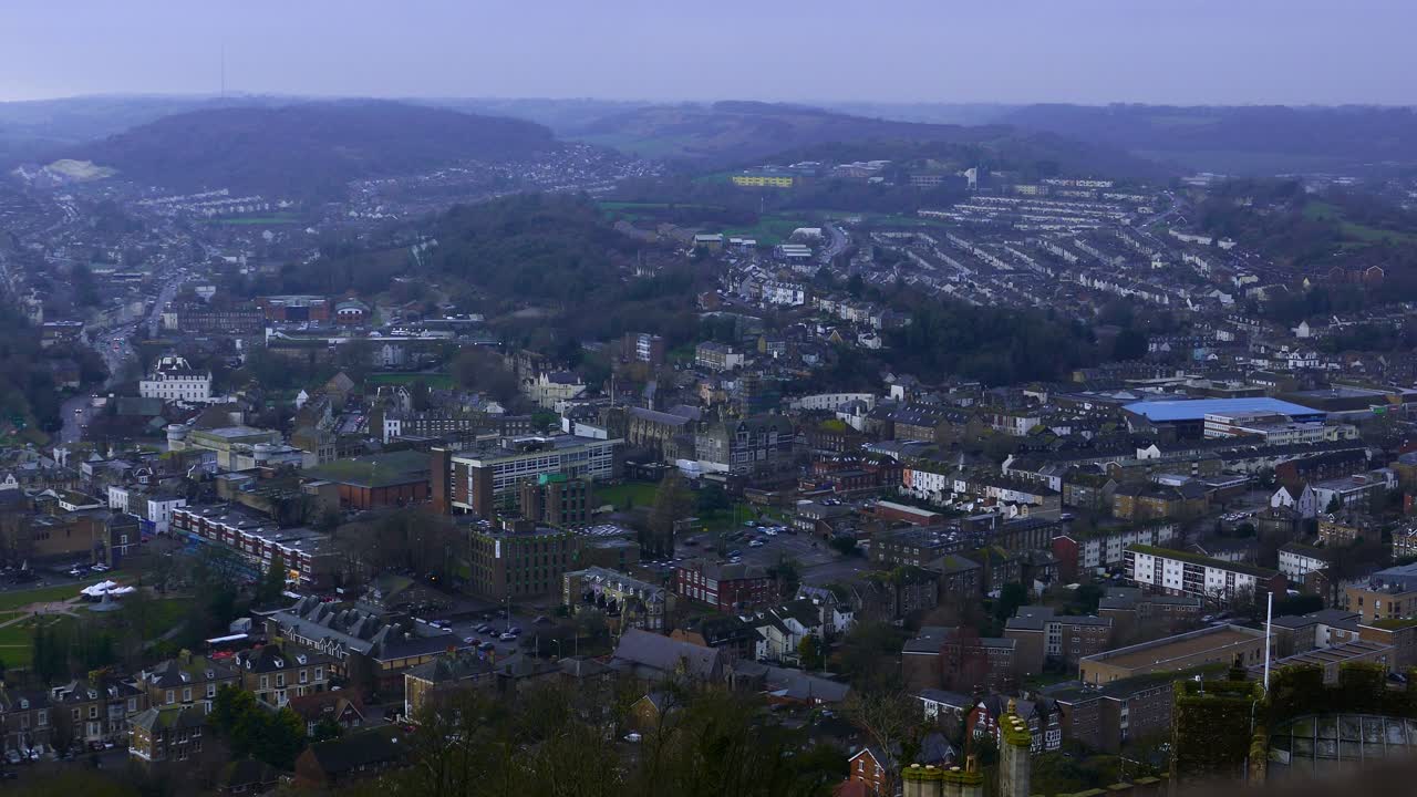 Aerial view of the foggy city of Dover, England
