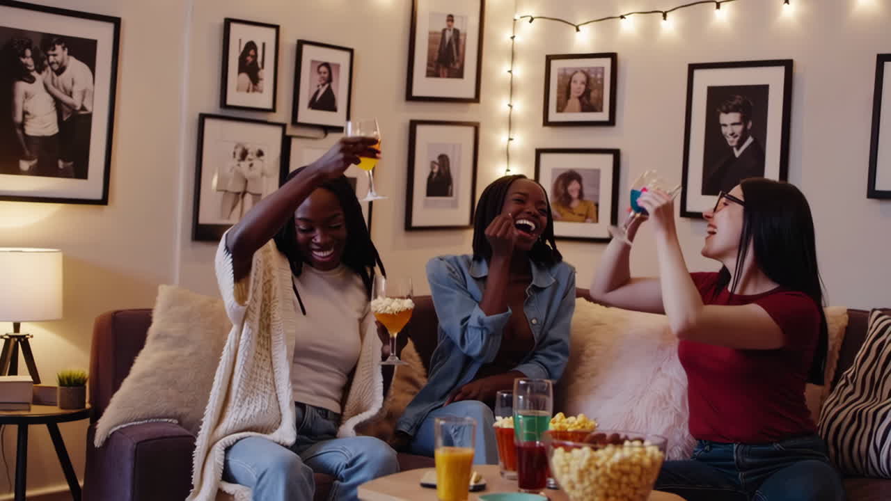 Friends Cheering and Laughing Together at a Home Party