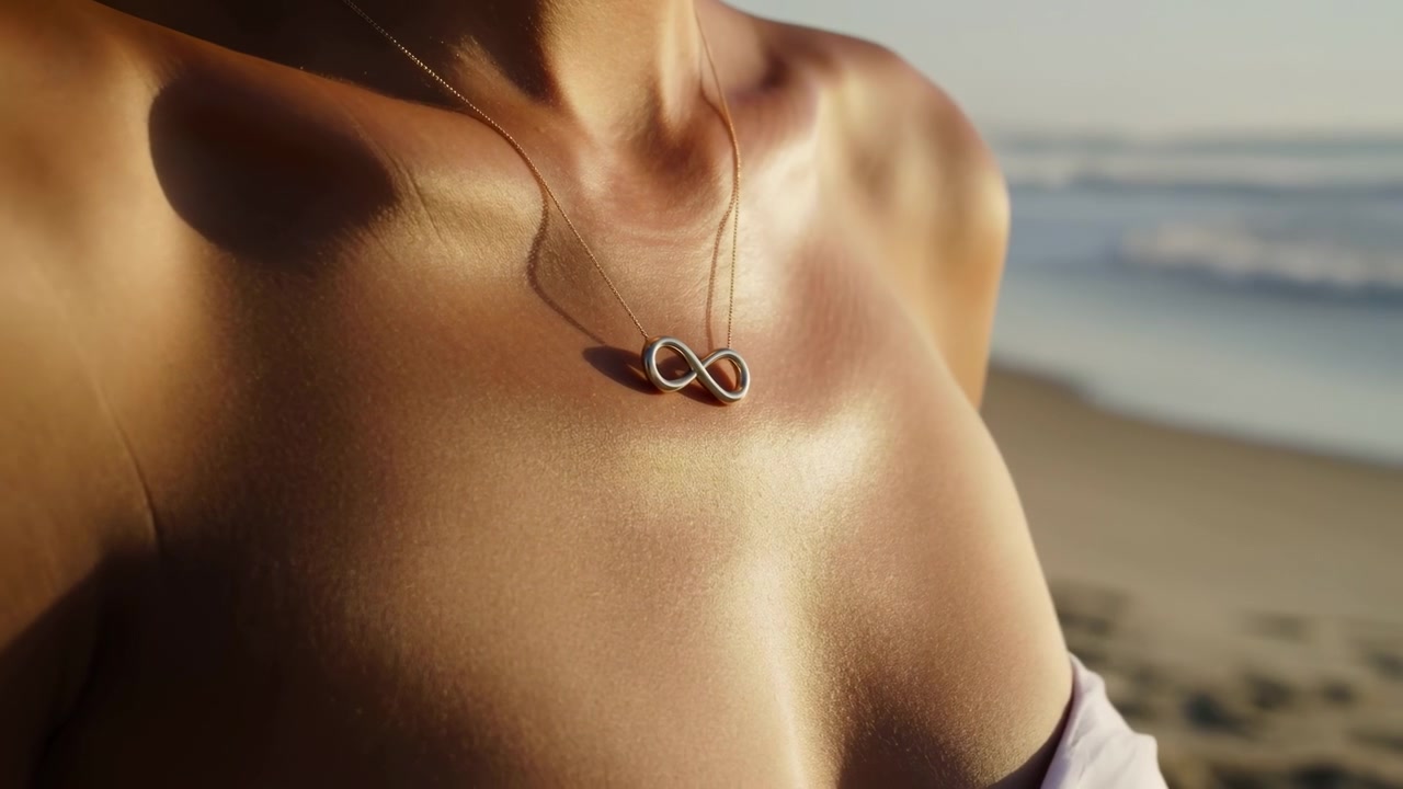 Ritratto ravvicinato in riva al mare che mostra un busto abbronzato che indossa una raffinata collana con ciondolo a infinito, con luce dorata soffusa, ombra delicata, mare sfocato, sfondo di spiaggia sabbiosa e uno stile di vita sereno ed elegante