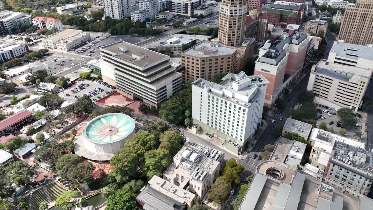 Aerial landscape view of downtown San Antonio, Texas located in United States of America