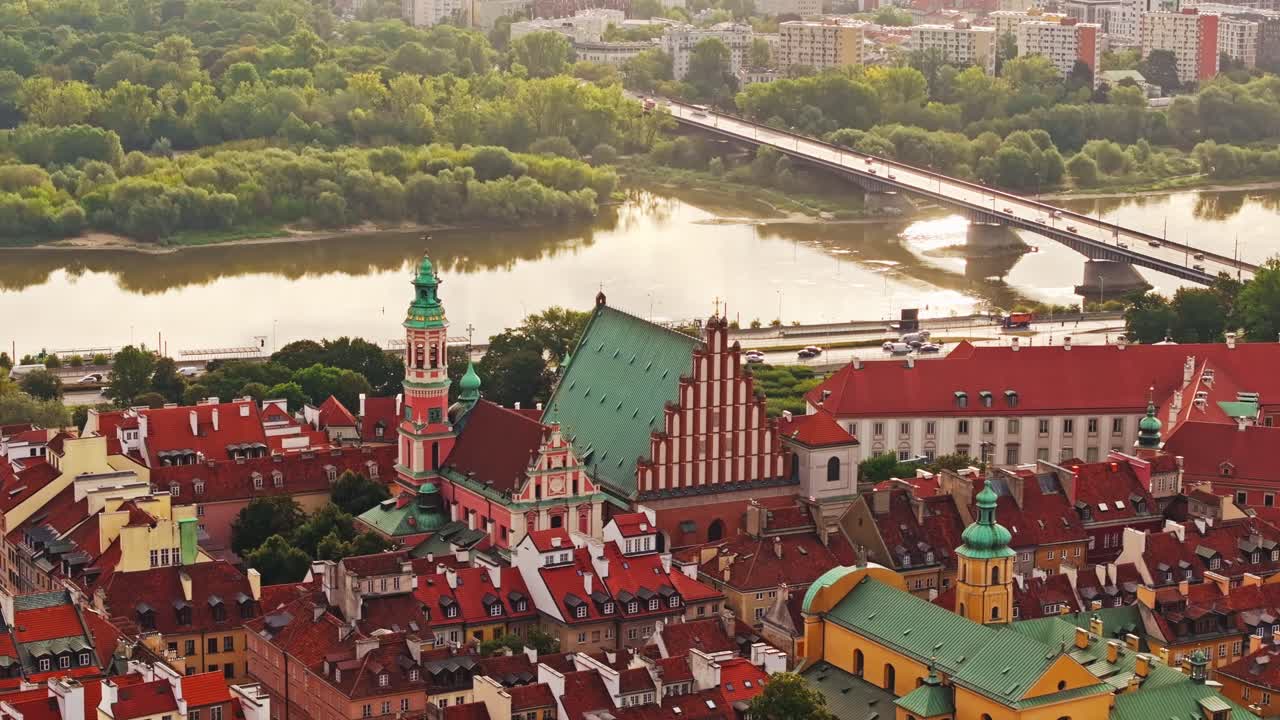 Morning aerial view of Warsaw Old Town with Archcathedral and Jesuit church