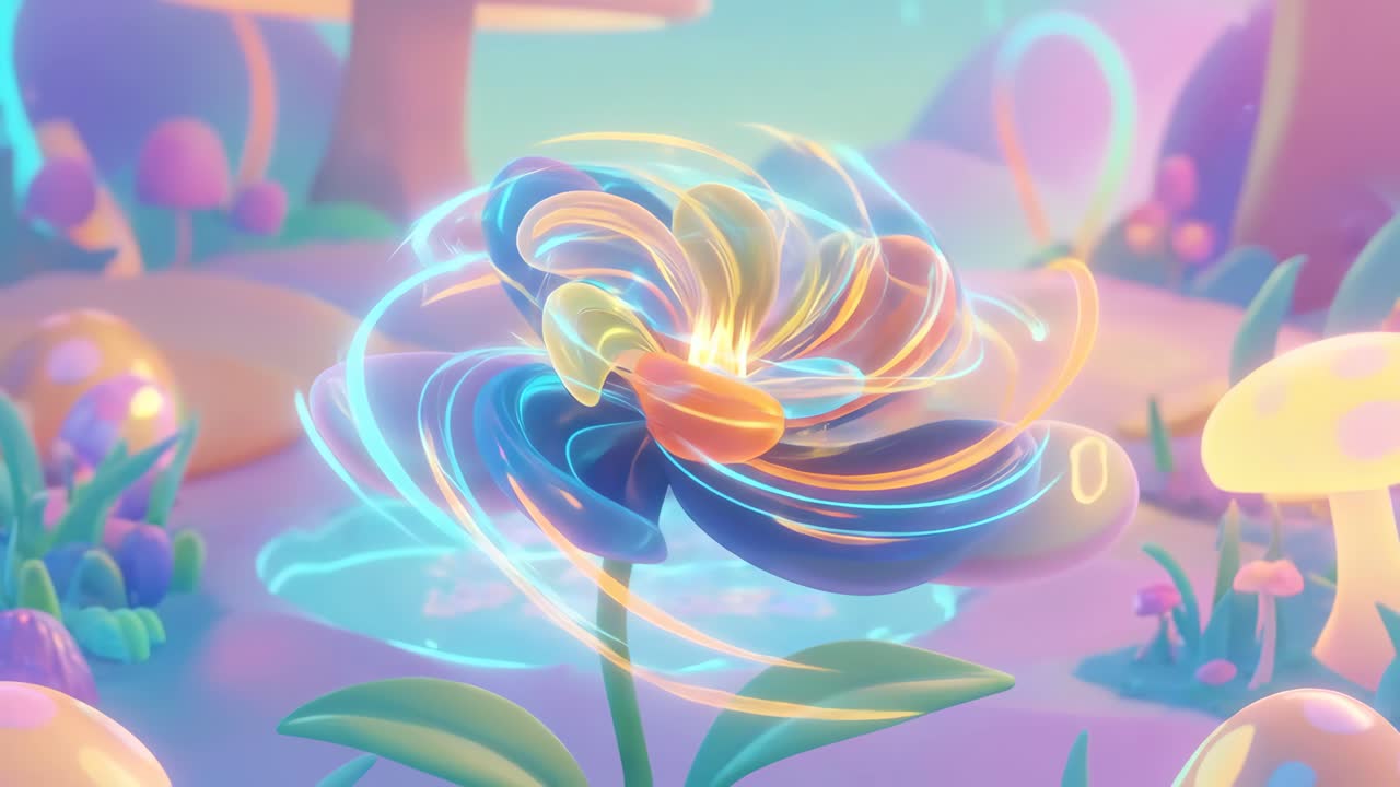 Vibrant Abstract Flower with Swirling Light Trails in a Magical Landscape