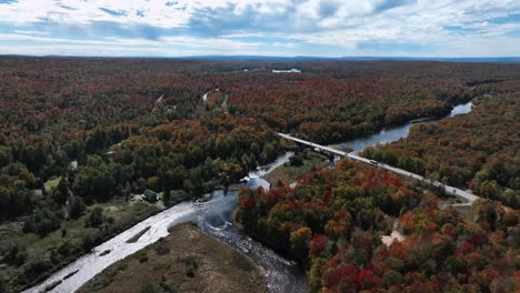 aerial view over autumn forest and river in the usa - drone shot