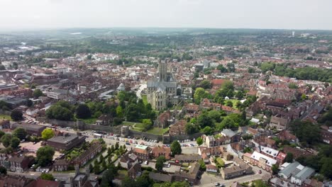 4k drone footage approaching the canterbury cathedral, in kent, uk