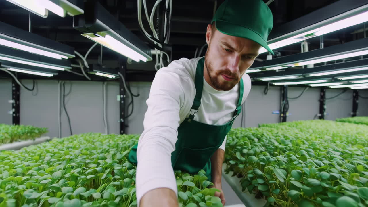 Worker Inspecting Plants in a Vertical Farm