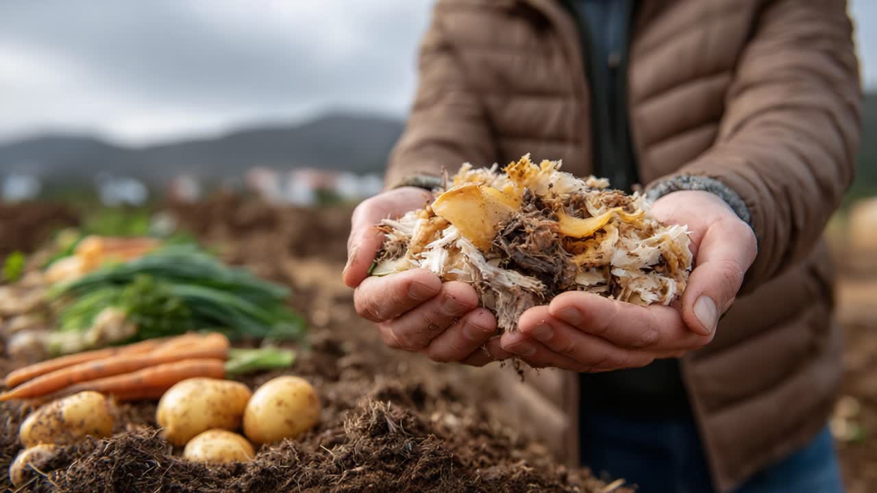 A Farmer's Handful of Nutrient-Rich Compost Shows Sustainable Practices in Agriculture, Highlighting the Importance of Organic Matter for Soil Health and Crop Growth